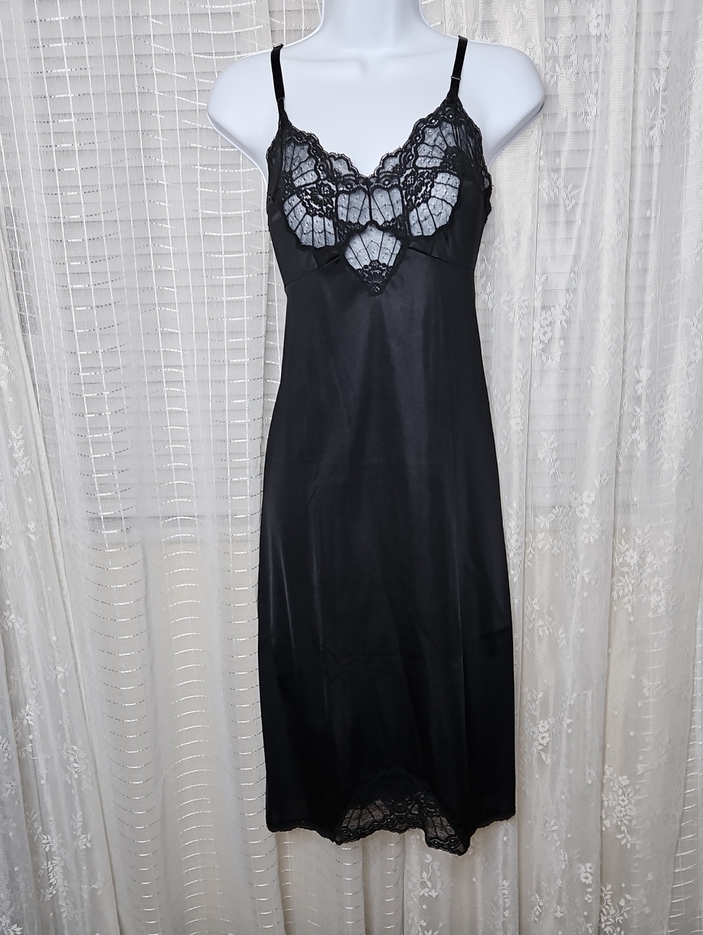 Vintage Vanity Fair Black Lace Dress Slip Negligee Nightie Lingerie Goth Sz36/L